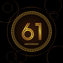 61th Anniversary Celebration with golden text and ring, Golden anniversary vector template