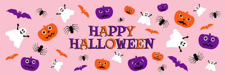 happy halloween banner greeting card with scary pumpkins cute ghosts bats spiders 