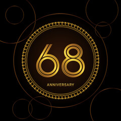 68th Anniversary Celebration with golden text and ring, Golden anniversary vector template