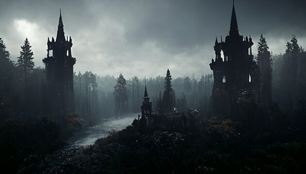 Foreboding Gothic Castle, Darkly Lit, Silhouette, Moody Ambience