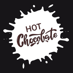 Hot chocolate icon logo. Hand lettering. Vector volume brown letters inside a milk drop on the dark brown background. Illustration for chocolate packaging product banner poster printing sticker brand