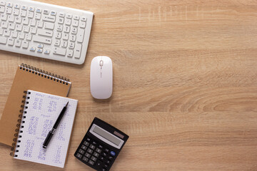 Business accounting workplace and stationary supplies on desk table background