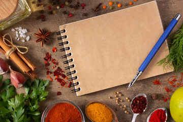 Cookbook and variety of spices and herbs at table background. Cooking concept and ingredients on table