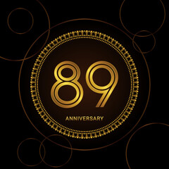 89th Anniversary Celebration with golden text and ring, Golden anniversary vector template