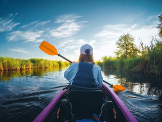 Rear view of a young woman in a kayak rafting down a river.
