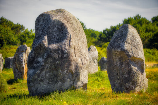 the famous menhirs at carnac at sunlight