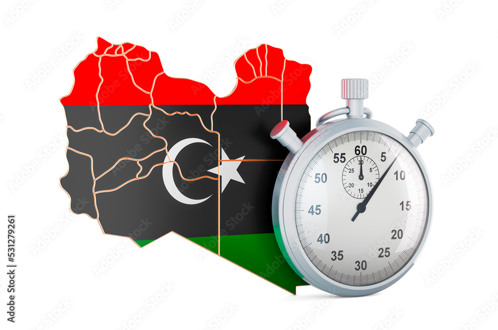 Poster libyan map with stopwatch, 3d rendering
