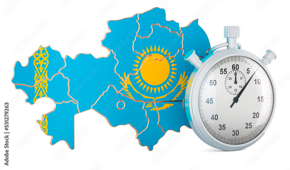 Poster kazakh map with stopwatch, 3d rendering