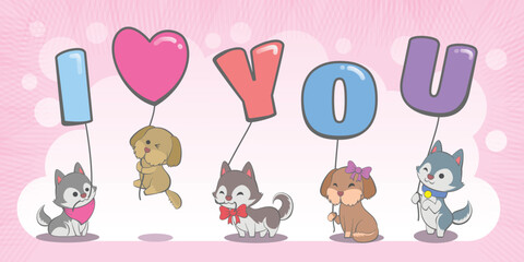 Cute pet dogs holding love balloon hand drawn cartoon background illustration