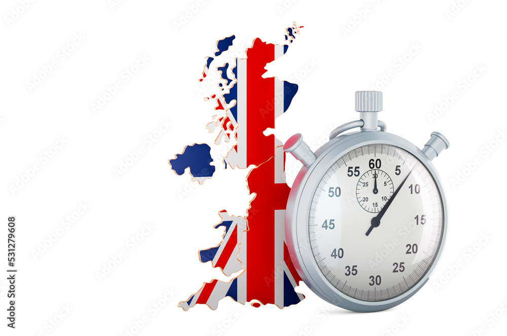 Poster british map with stopwatch, 3d rendering