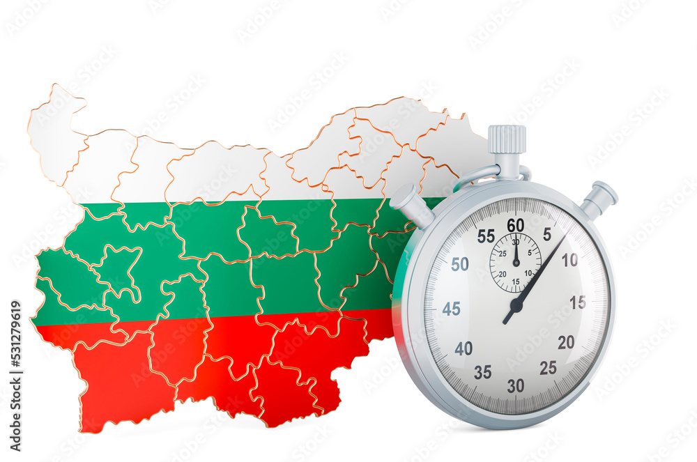 Poster bulgarian map with stopwatch, 3d rendering