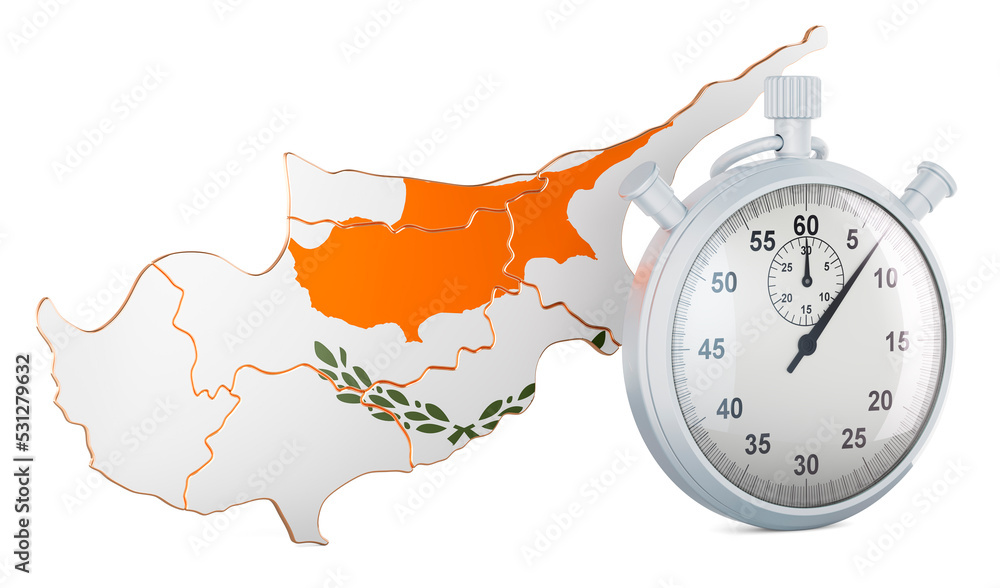 Poster cypriot map with stopwatch, 3d rendering