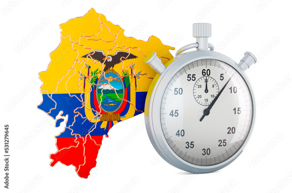 Poster ecuadorian map with stopwatch, 3d rendering