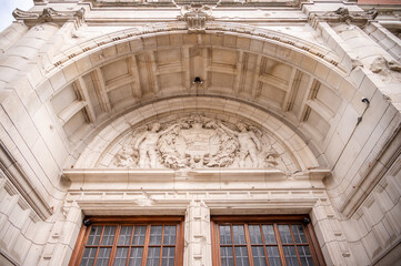 Exterior detail with world war 2 bomb damage at the Victoria and Albert Museum in the Kensington area of London.
