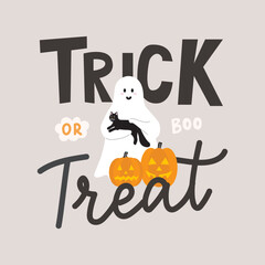 Trick or treat hand drawn card with cute ghost holding a black cat, pumpkins and lettering. Hand drawn Halloween characters vector illustration. Happy Halloween greeting card flat style. 