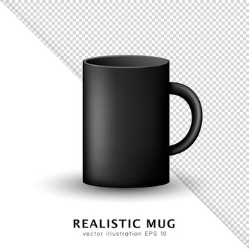 Realistic mockup of black clean empty mug isolated on transparent background. Template of 3d ceramic matte cup  for printing logo, brand. Easy to change colors