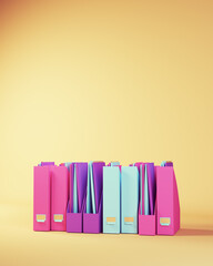 Row of Ring Binder Documents in Pink Purple Blue Beige Studying Back to School Concept 3d illustration render