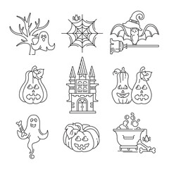 Set of vector linear Halloween holiday icons. Castle, pumpkins, ghost, web and others.
