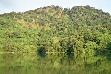 blurry reflection of tree on water suface reservoir camping point for traveller in Thailand