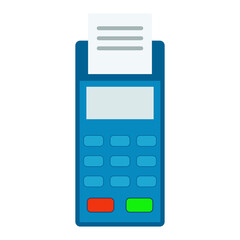 Blue cash register, POS cash register terminal, online cash register for magnetic, debit and credit cards, to buy or pay. Vector graphics in flat style