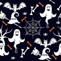 Happy Halloween seamless background. Vector color illustration. Ghosts and cobwebs with spiders, broom.
