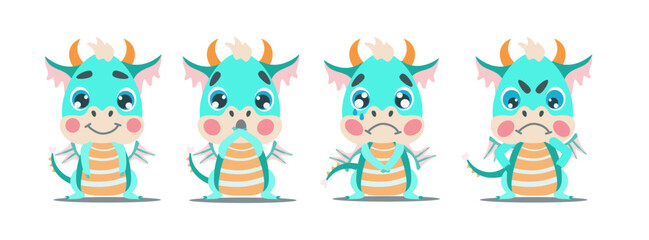 Obraz premium Set of emotions of a cute baby green dragon. Joy, surprise, sadness and anger. Vector illustration for designs, prints, greeting card and patterns. Cute fantastic symbol baby dragon of 2024