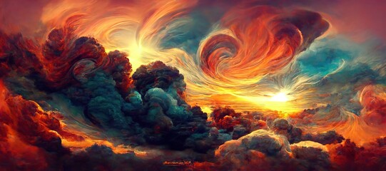 Surreal cloudscape of intense bright sunlight glow, dramatic fiery red flame clouds and late afternoon golden hour rainbow fusion of colors. Reminiscent of summer pacific ocean hot sunsets. - obrazy, fototapety, plakaty