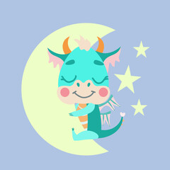  fabulous green dragon sits happily on the moon smiling next to the stars. Vector illustration for designs, prints and patterns. Cute illustration of the fantastic symbol of the baby dragon of 2024