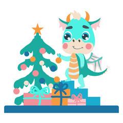 The green dragon dresses up the Christmas tree for Christmas and New Year. Vector illustrations for designs, prints, greeting cards and patterns. Cute fantastic character baby dragon 2024
