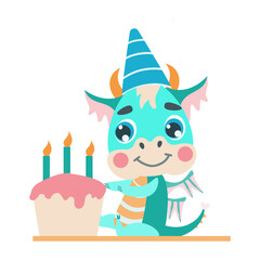 fabulous green dragon celebrates a birthday.  With a cap on his head and near the cake. Vector illustration for designs, prints, greeting card and patterns. Cute  fantastic symbol  baby dragon of 2024