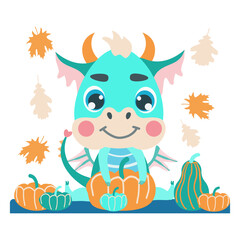 Fototapeta premium green cute baby dragon is playing with a pumpkin on Halloween. Vector illustrations in a flat cartoon style for designs, prints, greeting cards and patterns. Cute fantastic character baby dragon 2024