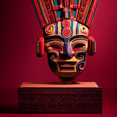 Peruvian Mayan Mask on stand in studio. Multi color. Ancient art. Studio Backdrop. Filmic lighting....
