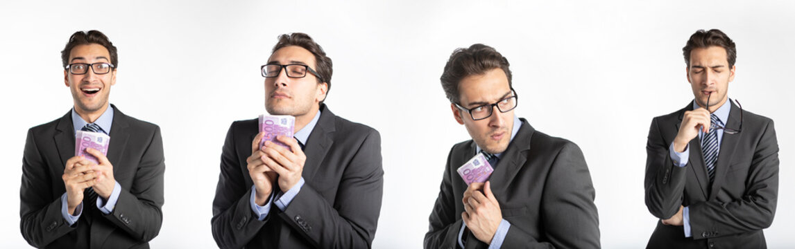 Collage of businessman holding cash money with different emotions isolated on white background. The way how man gets money concept - Powered by Adobe