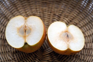 Sliced Pyrus pyrifolia known as Asian pear, Japanese pear, Chinese pear. Brunswick, Germany.