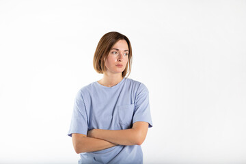 Upset and depressed young woman feeling bad isolated on white background