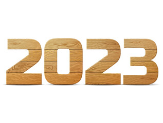 New Year 2023 of wood isolated on white background. Wooden planks in shape of year number. Design element for new years day, christmas, woodworking, winter holiday, new years eve, silvester, etc