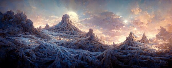 High resolution panorama of a Sci-Fi Snow planet backdrop. 3d render. 3:1 ratio. Unreal Engine. Perfect as a background or for use in an art projects. - obrazy, fototapety, plakaty