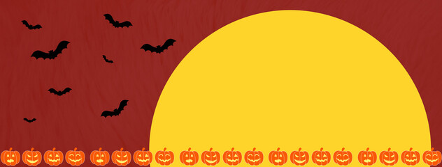 Bannière pour la fête Halloween avec lune jaune, chauve-souris et citrouilles