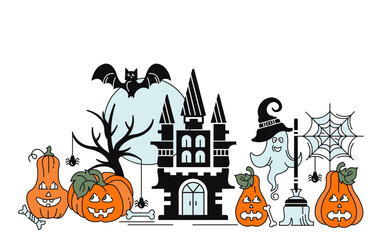 Happy halloween banner. Vector colored background. Pumpkins, castle, ghosts.
