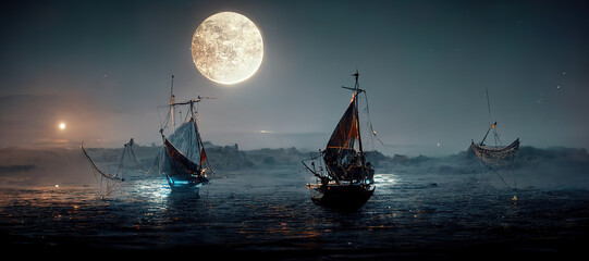Spectacular digital art 3D illustration of a nighttime scene with a medieval fantasy sailboat, schooner sailing along the coast with docks and lighthouses, and a bright moon in the sky. - obrazy, fototapety, plakaty