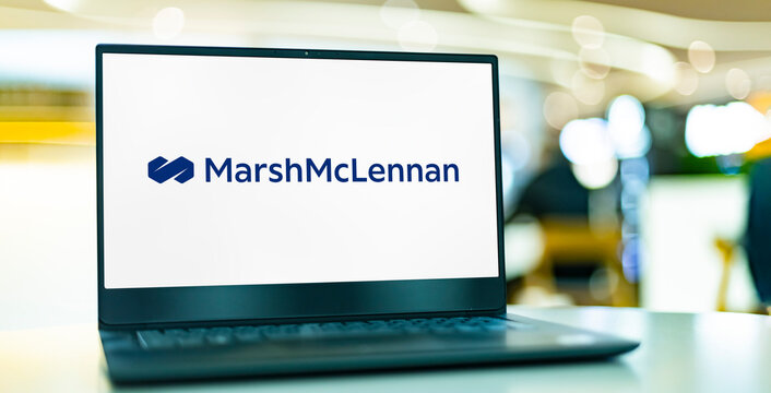 Laptop computer displaying logo of Marsh McLennan