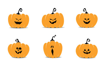 Set of six beautiful orange pumpkins with different Halloween emotions on a white background. Halloween pumpkins stickers with different emotions. Smile, anger, fear, laughter 