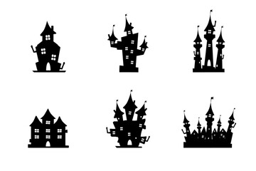 A set of gloomy black castles and houses of different shapes, with different shapes of towers, floors, halloween outbuildings on a white background. House Illustrations template. Ghosted castle