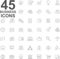 Set of 45 business, finance and economy thin line icons. Editable stroke. Vector illustration