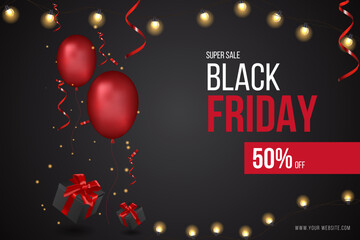 Realistic and simple black Friday sale banner with gifts and balloons
