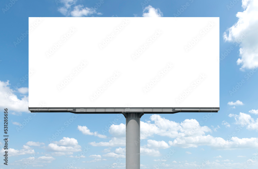 Wall mural Outdoor pole billboard with mock up white screen on blue sky background with clipping path