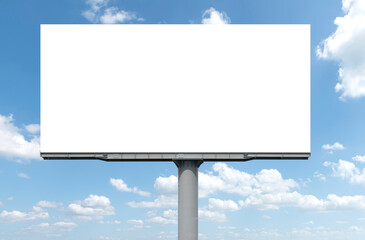 Outdoor pole billboard with mock up white screen on blue sky background with clipping path - obrazy, fototapety, plakaty