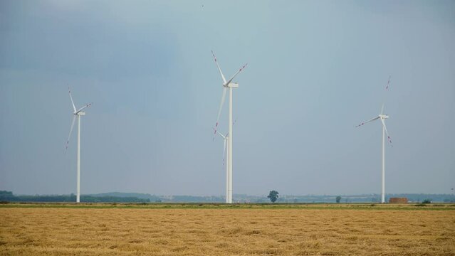 Large wind turbines with rotating blades in harvested wheat field under rainy sky. Concept of electricity, ecological saving and alternative power source