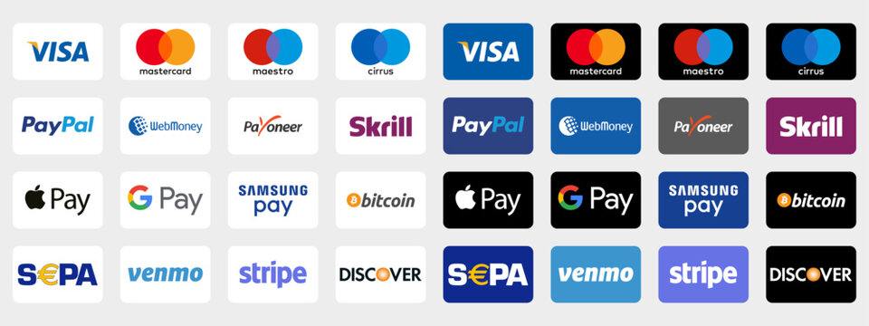 Online payment methods button set, brand logo : Paypal, Visa, Mastercard,Apple Pay, Payoneer, Discover, Bitcoin, Skrill, Stripe... Isolated web payment badges