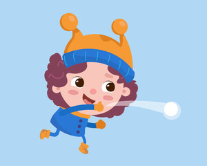 Cute boy throws a snowball. Winter holiday. Funny character on a blue background. Vector illustration.